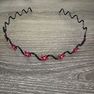 Vintage 90s Zig Zag Wavy Headband Red Crystals Swarovski Iridescent Black